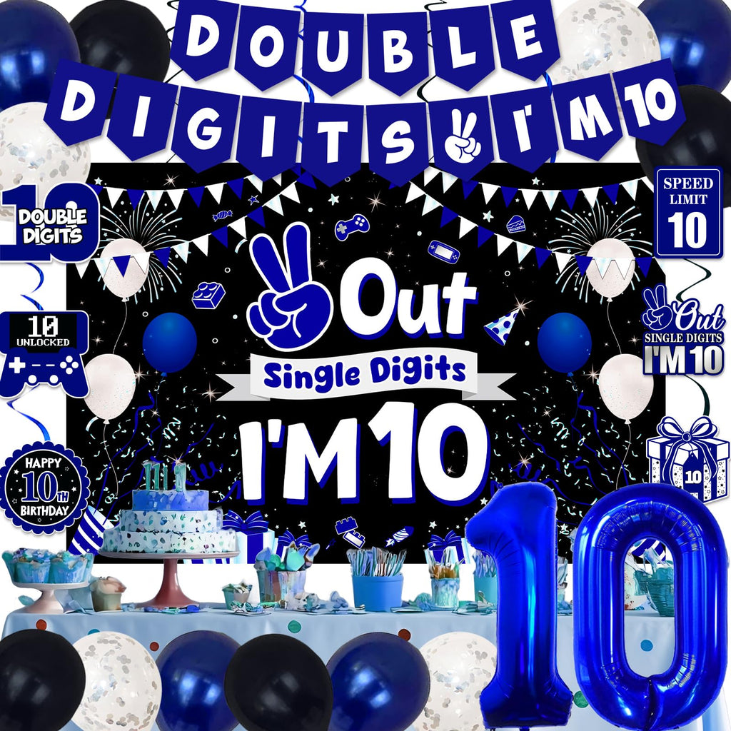 TAOTOSUNE 10th Birthday Decorations Bundle — Blue & Black Banner, Backdrop, 32-inch Foil Balloons, Swirls, Cards