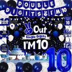 TAOTOSUNE 10th Birthday Decorations Bundle — Blue & Black Banner, Backdrop, 32-inch Foil Balloons, Swirls, Cards