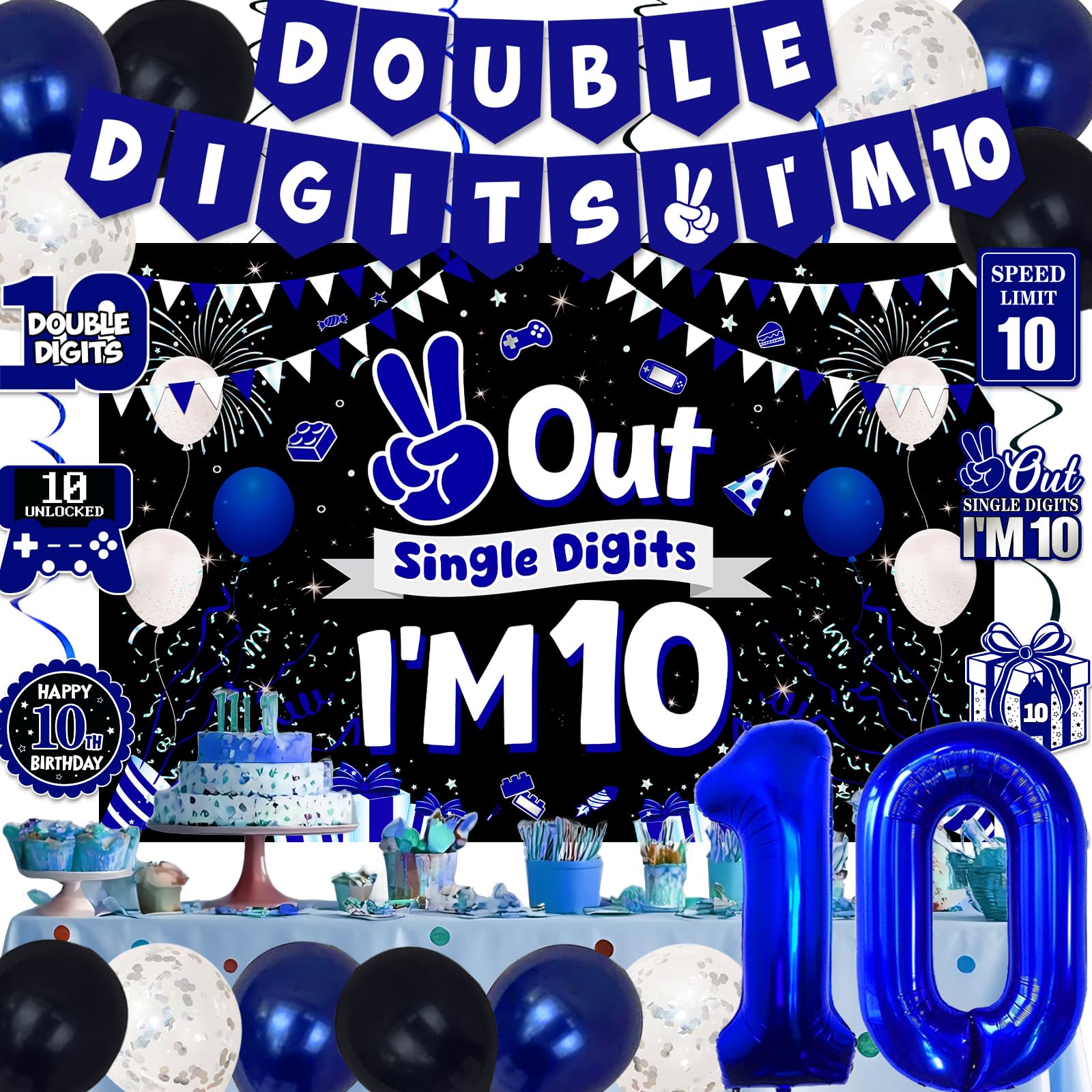 TAOTOSUNE 10th Birthday Decorations Bundle — Blue & Black Banner, Backdrop, 32-inch Foil Balloons, Swirls, Cards