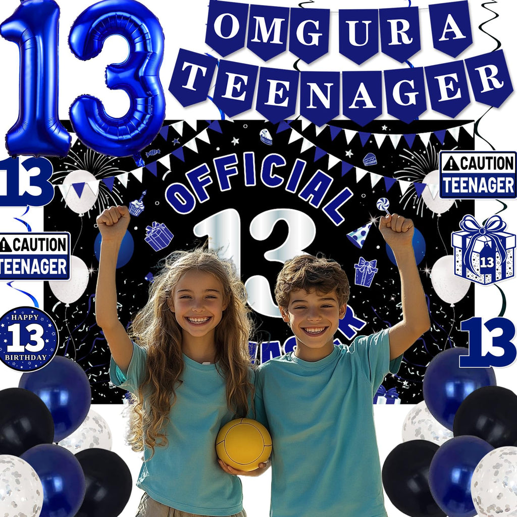 TAOTOSUNE 13th Birthday Decorations – Blue & Black Theme with Official Backdrop & Balloons