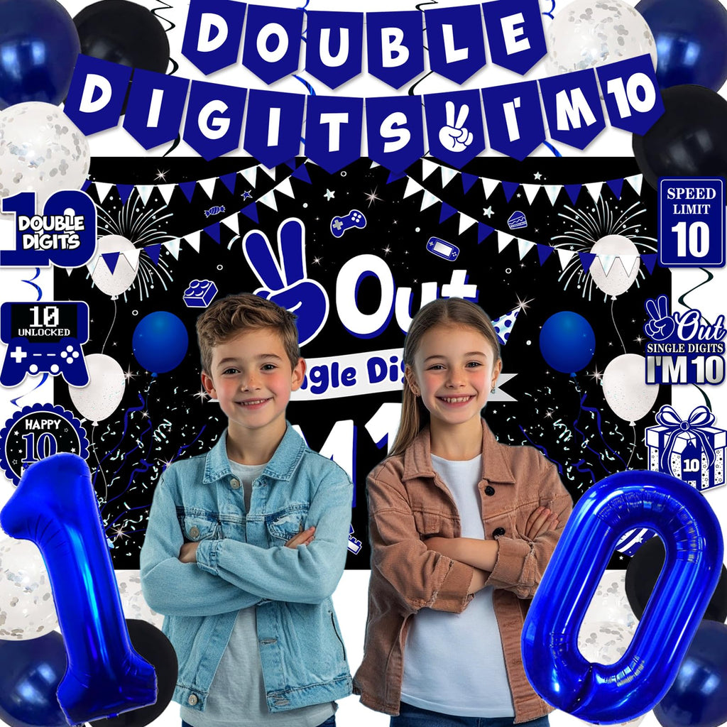 TAOTOSUNE 10th Birthday Decorations Bundle — Blue & Black Banner, Backdrop, 32-inch Foil Balloons, Swirls, Cards