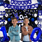TAOTOSUNE 10th Birthday Decorations Bundle — Blue & Black Banner, Backdrop, 32-inch Foil Balloons, Swirls, Cards