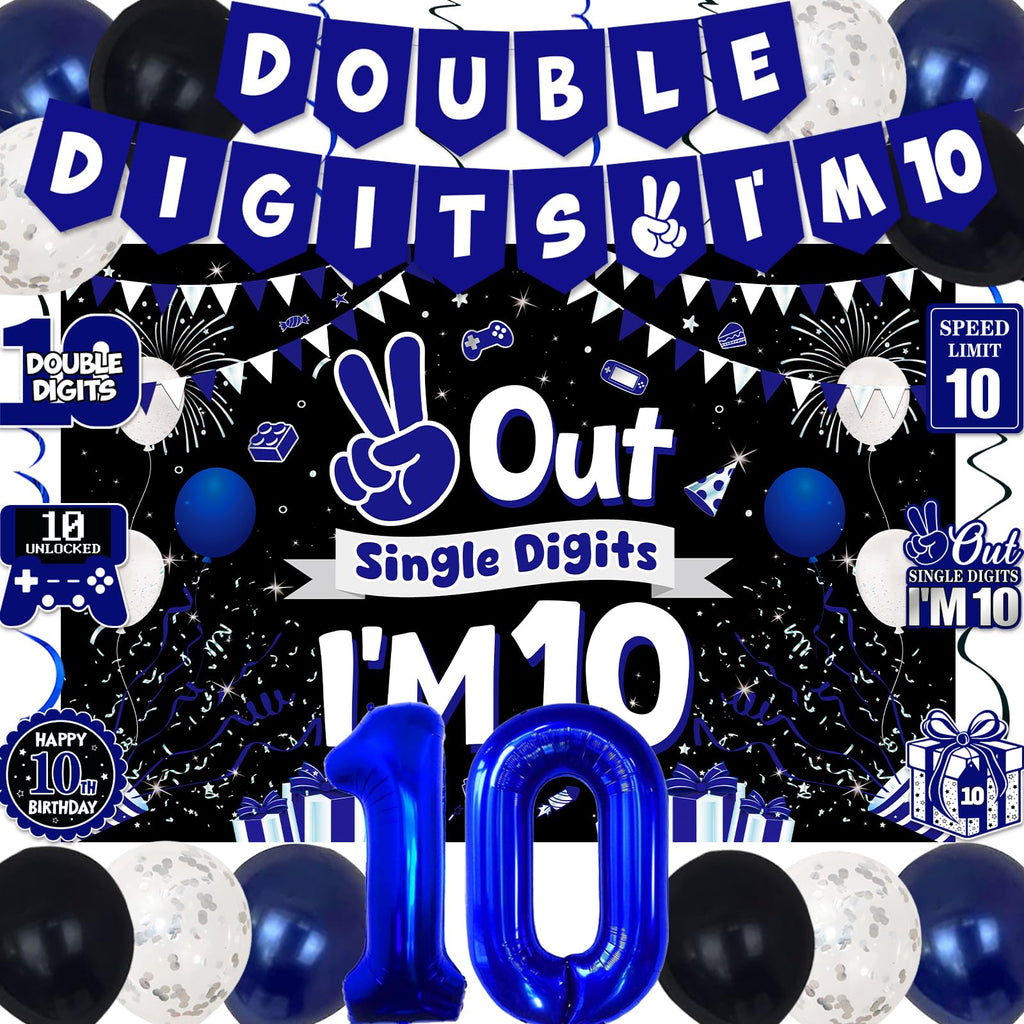 TAOTOSUNE 10th Birthday Decorations Bundle — Blue & Black Banner, Backdrop, 32-inch Foil Balloons, Swirls, Cards