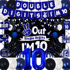TAOTOSUNE 10th Birthday Decorations Bundle — Blue & Black Banner, Backdrop, 32-inch Foil Balloons, Swirls, Cards