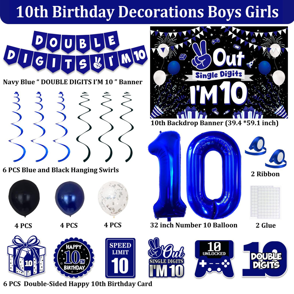 TAOTOSUNE 10th Birthday Decorations Bundle — Blue & Black Banner, Backdrop, 32-inch Foil Balloons, Swirls, Cards