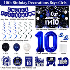 TAOTOSUNE 10th Birthday Decorations Bundle — Blue & Black Banner, Backdrop, 32-inch Foil Balloons, Swirls, Cards