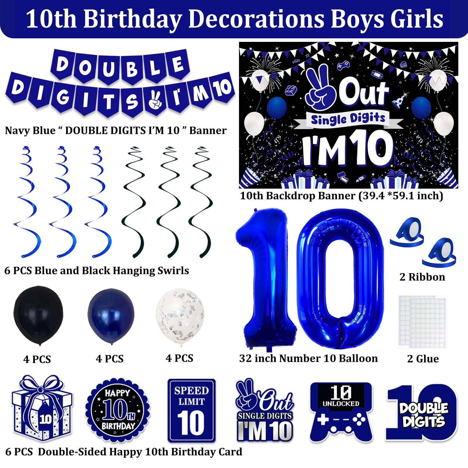TAOTOSUNE 10th Birthday Decorations Bundle — Blue & Black Banner, Backdrop, 32-inch Foil Balloons, Swirls, Cards