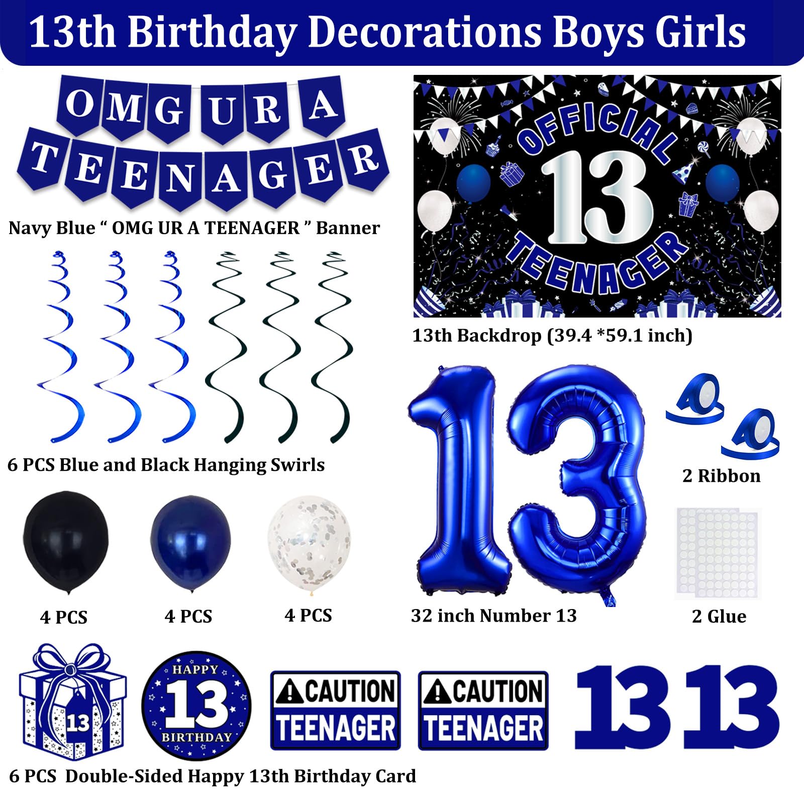 TAOTOSUNE 13th Birthday Decorations – Blue & Black Theme with Official Backdrop & Balloons