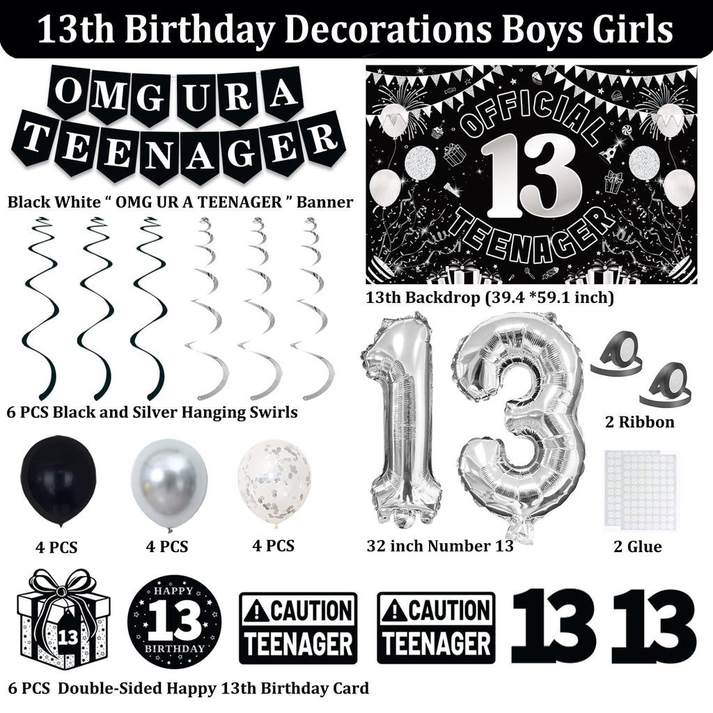 TAOTOSUNE 13th Birthday Decorations for Teens - Black White & Silver Backdrop, Official 13 Teenager Banner, Foil Balloons