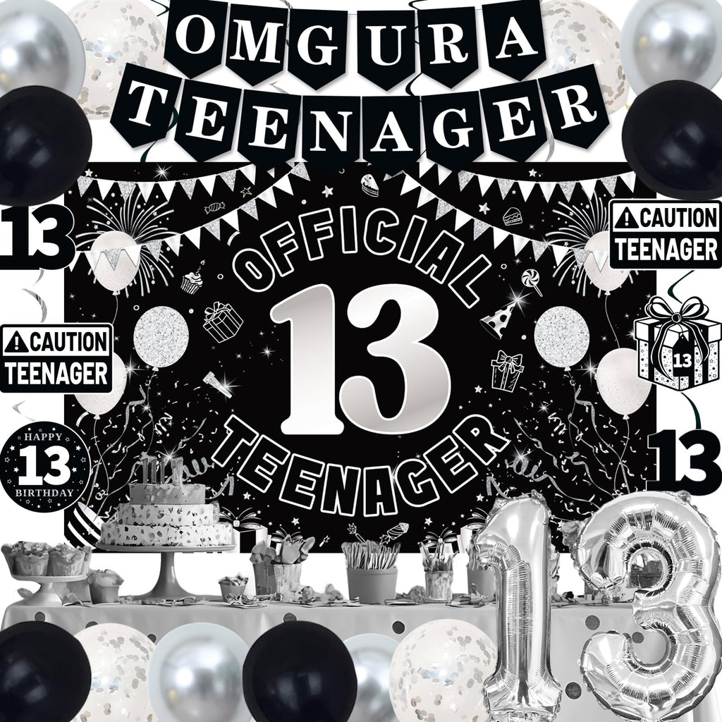 TAOTOSUNE 13th Birthday Decorations for Teens - Black White & Silver Backdrop, Official 13 Teenager Banner, Foil Balloons