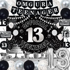 TAOTOSUNE 13th Birthday Decorations for Teens - Black White & Silver Backdrop, Official 13 Teenager Banner, Foil Balloons