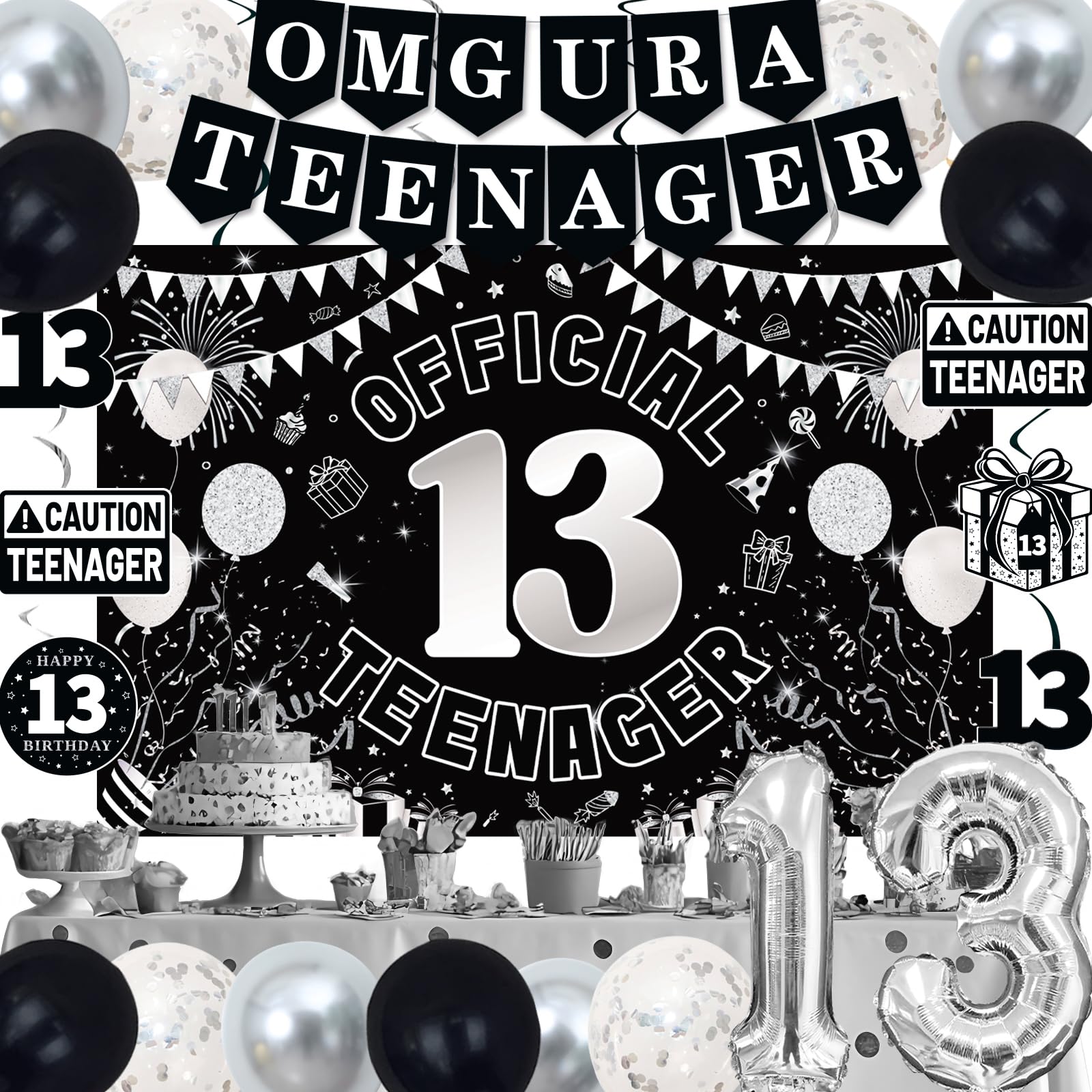 TAOTOSUNE 13th Birthday Decorations for Teens - Black White & Silver Backdrop, Official 13 Teenager Banner, Foil Balloons