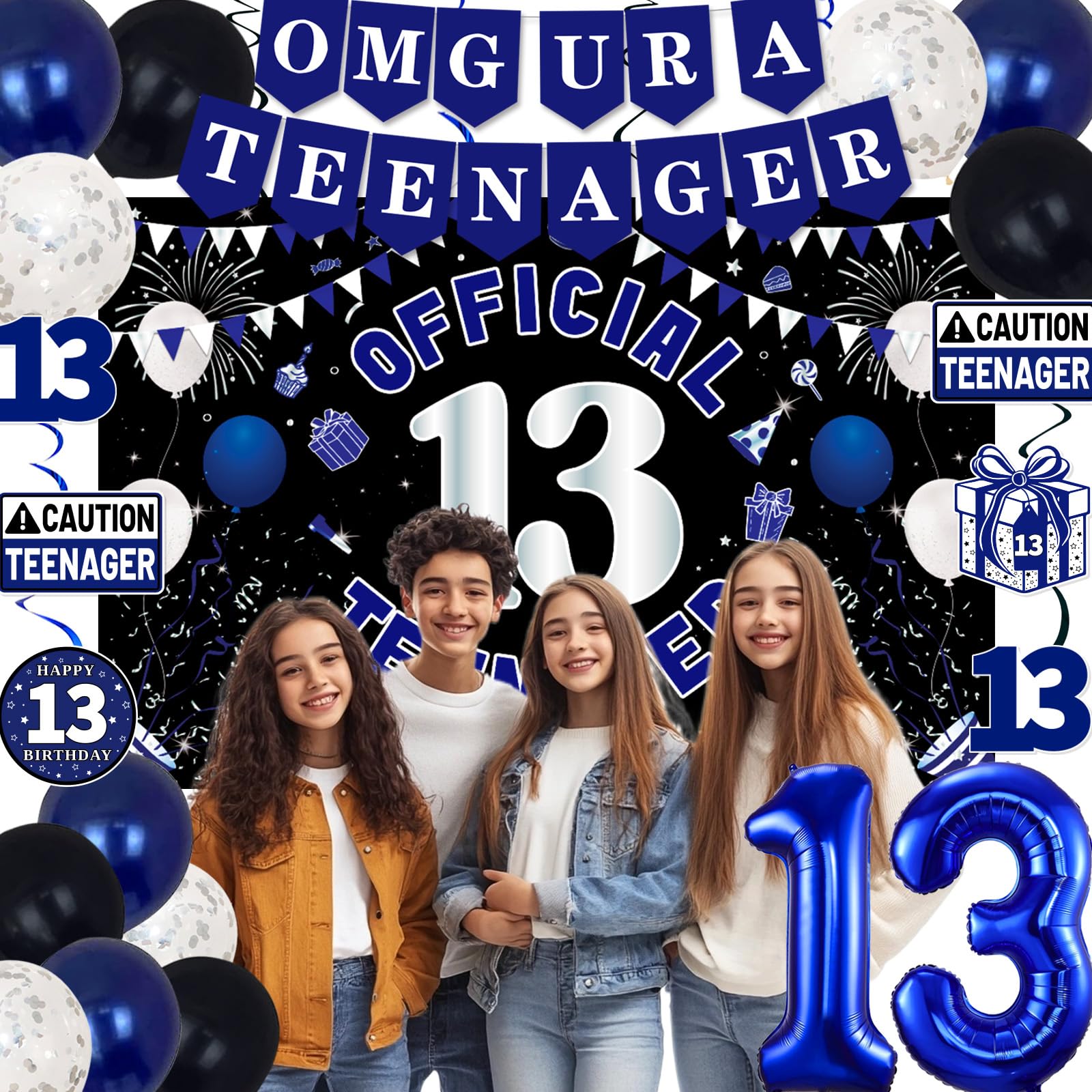 TAOTOSUNE 13th Birthday Decorations – Blue & Black Theme with Official Backdrop & Balloons