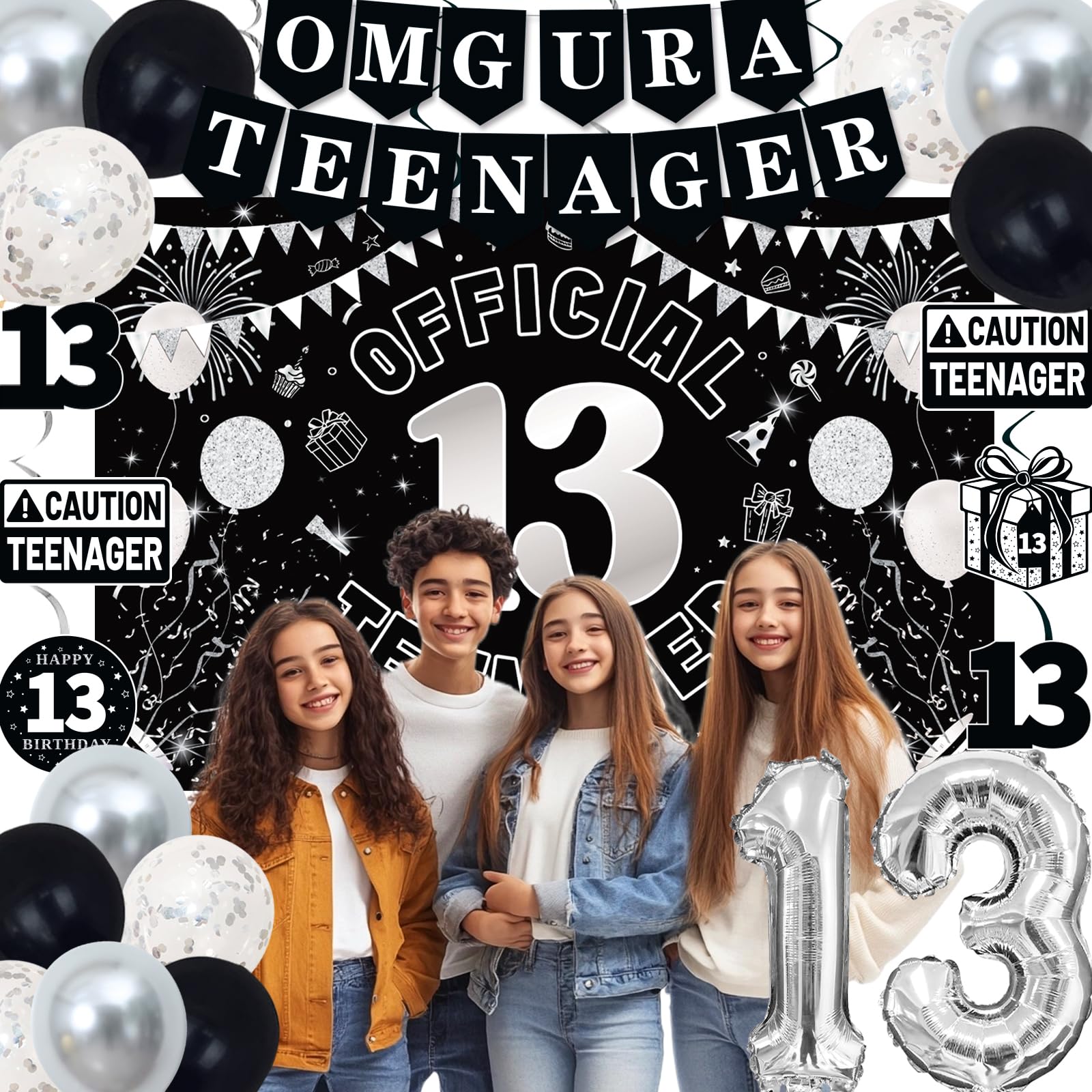 TAOTOSUNE 13th Birthday Decorations for Teens - Black White & Silver Backdrop, Official 13 Teenager Banner, Foil Balloons