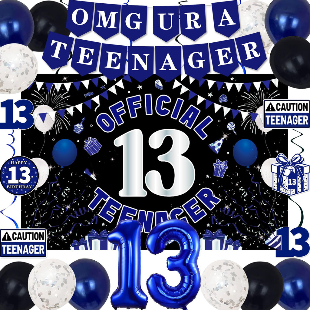 TAOTOSUNE 13th Birthday Decorations – Blue & Black Theme with Official Backdrop & Balloons