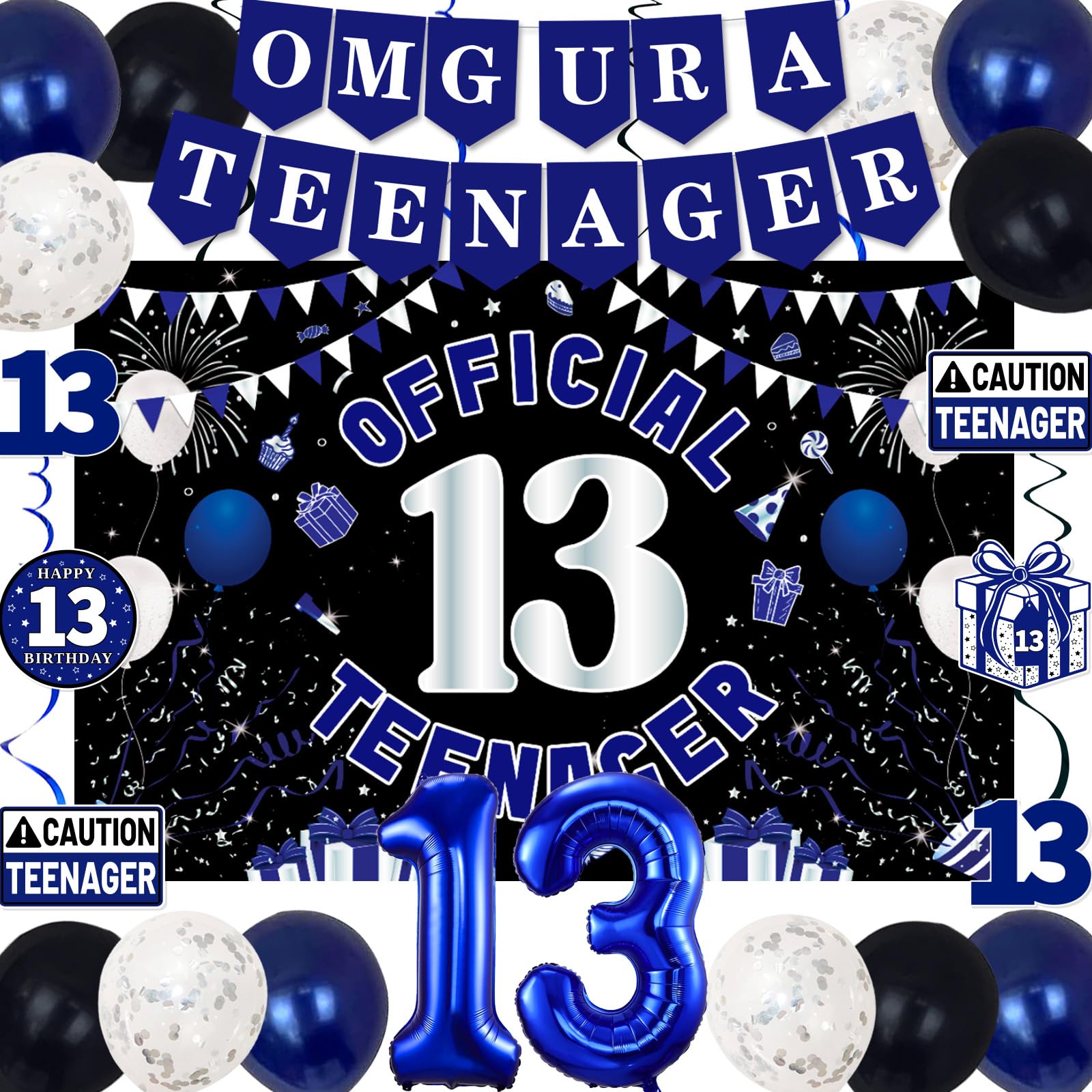 TAOTOSUNE 13th Birthday Decorations – Blue & Black Theme with Official Backdrop & Balloons