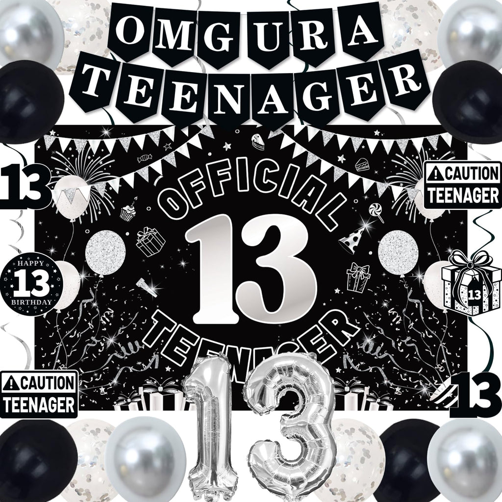 TAOTOSUNE 13th Birthday Decorations for Teens - Black White & Silver Backdrop, Official 13 Teenager Banner, Foil Balloons