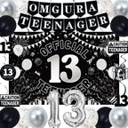 TAOTOSUNE 13th Birthday Decorations for Teens - Black White & Silver Backdrop, Official 13 Teenager Banner, Foil Balloons