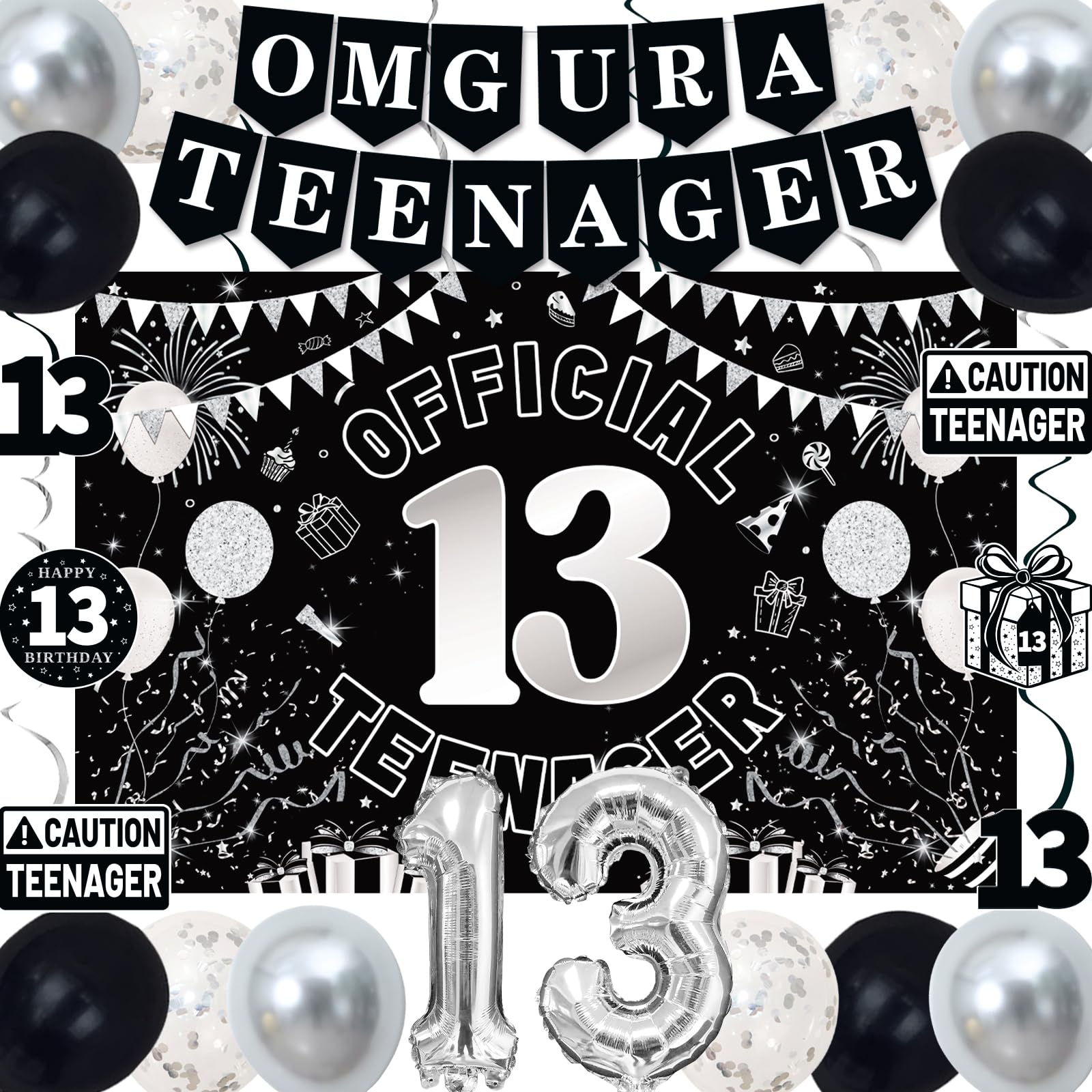 TAOTOSUNE 13th Birthday Decorations for Teens - Black White & Silver Backdrop, Official 13 Teenager Banner, Foil Balloons
