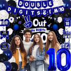 TAOTOSUNE 10th Birthday Decorations Bundle — Blue & Black Banner, Backdrop, 32-inch Foil Balloons, Swirls, Cards