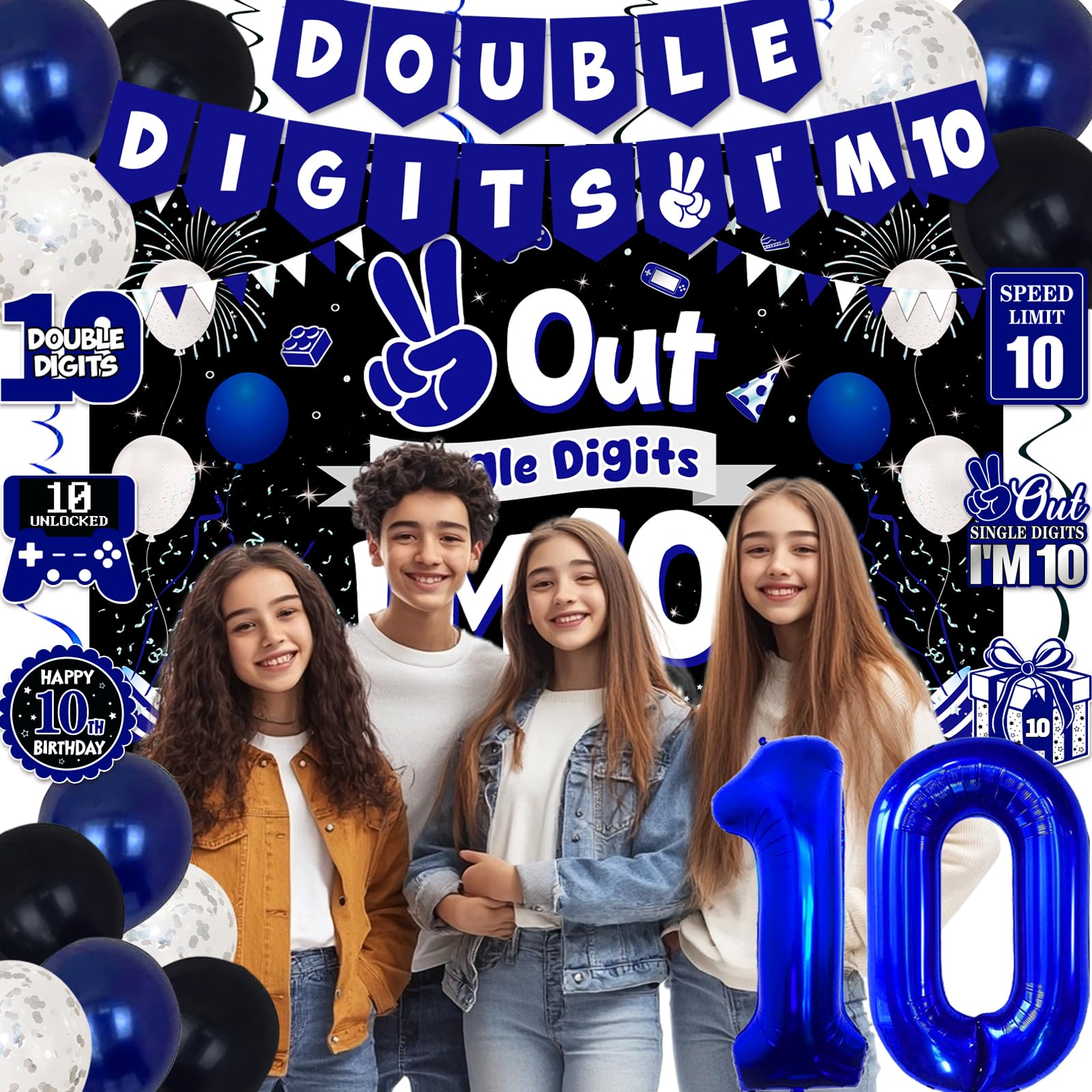 TAOTOSUNE 10th Birthday Decorations Bundle — Blue & Black Banner, Backdrop, 32-inch Foil Balloons, Swirls, Cards