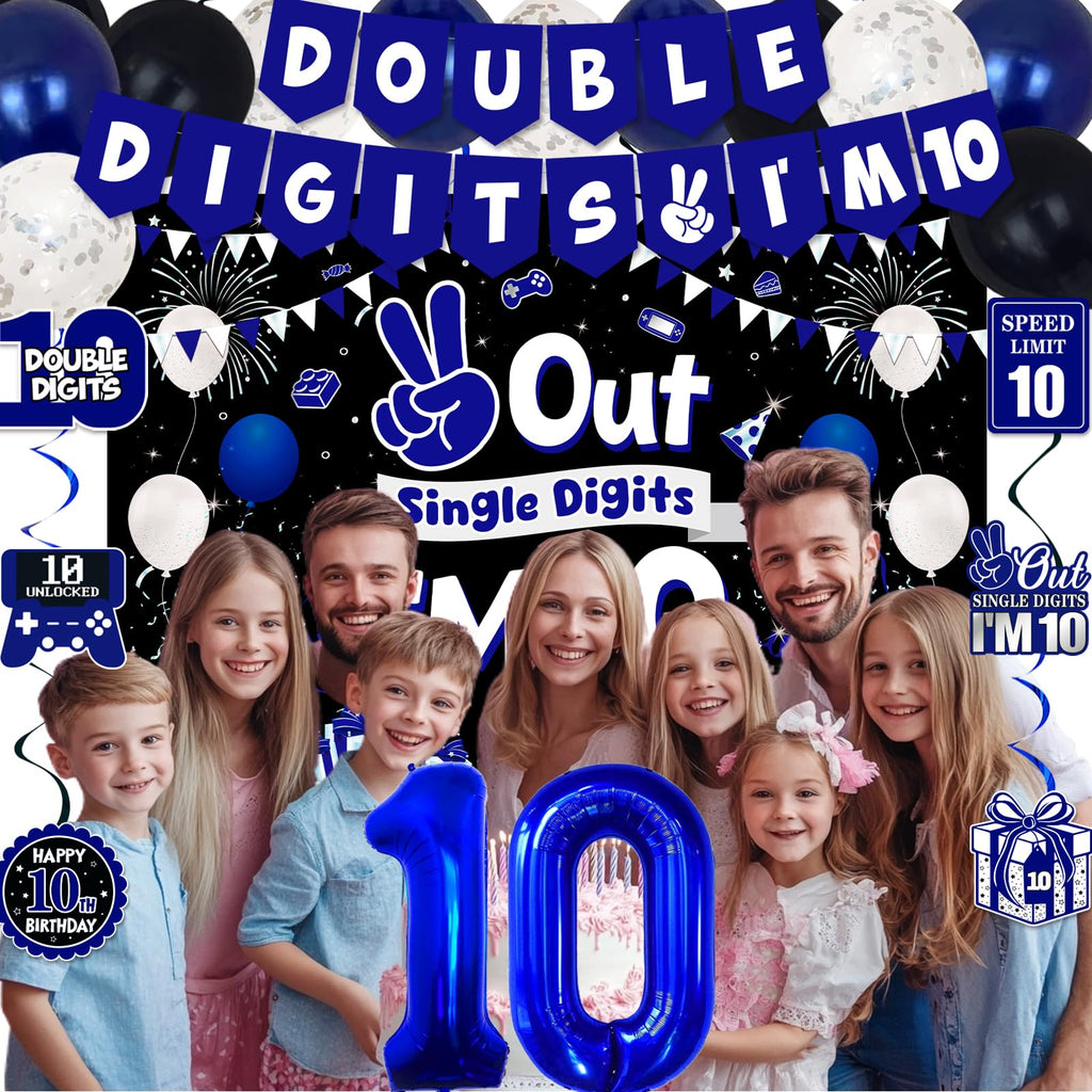 TAOTOSUNE 10th Birthday Decorations Bundle — Blue & Black Banner, Backdrop, 32-inch Foil Balloons, Swirls, Cards