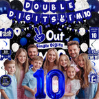 TAOTOSUNE 10th Birthday Decorations Bundle — Blue & Black Banner, Backdrop, 32-inch Foil Balloons, Swirls, Cards