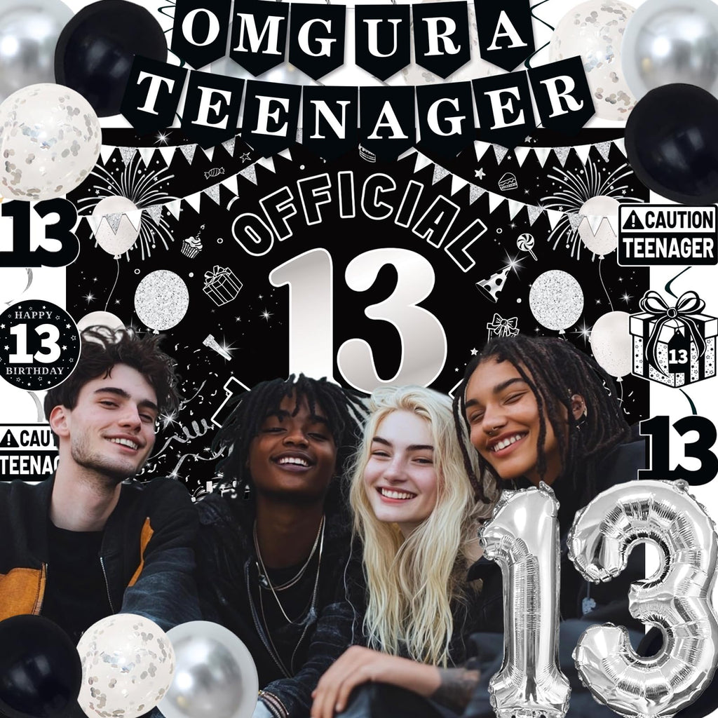 TAOTOSUNE 13th Birthday Decorations for Teens - Black White & Silver Backdrop, Official 13 Teenager Banner, Foil Balloons