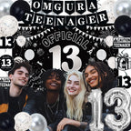 TAOTOSUNE 13th Birthday Decorations for Teens - Black White & Silver Backdrop, Official 13 Teenager Banner, Foil Balloons