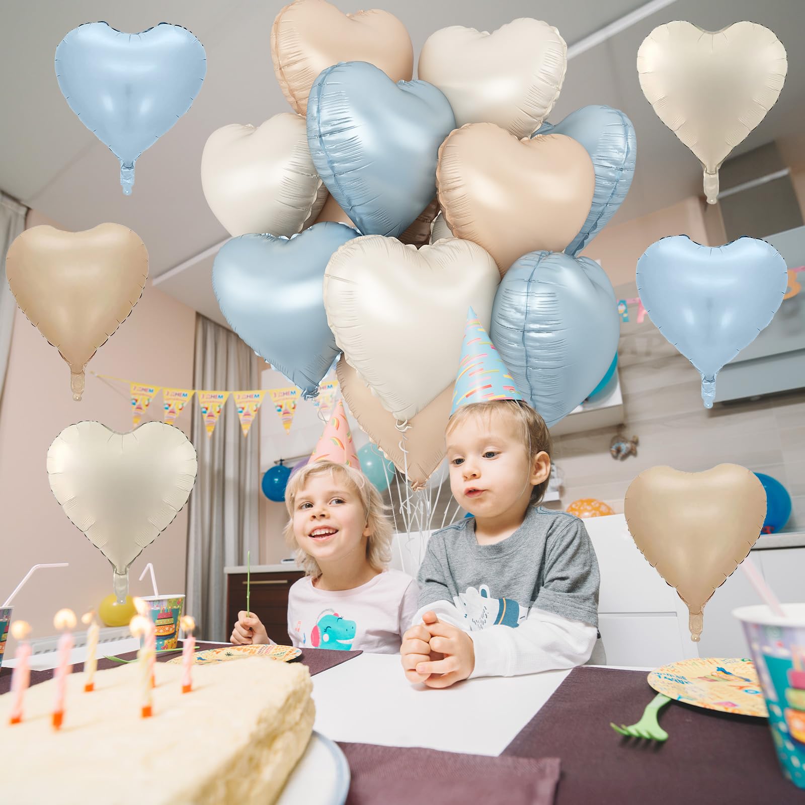TAOYE Blue Cream Heart Foil Balloons – 12Pcs 18in Hearts in Blue, Cream, Apricot & White for Boho Birthdays, Baby Showers & Weddings