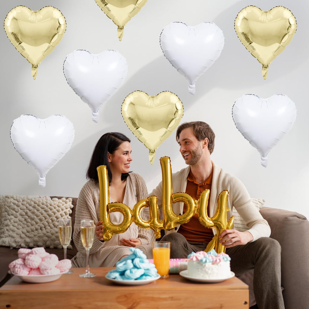 TAOYE Gold White Heart Foil Balloons – 18in, 10pcs for Parties