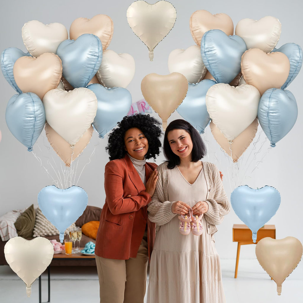 TAOYE Blue Cream Heart Foil Balloons – 12Pcs 18in Hearts in Blue, Cream, Apricot & White for Boho Birthdays, Baby Showers & Weddings