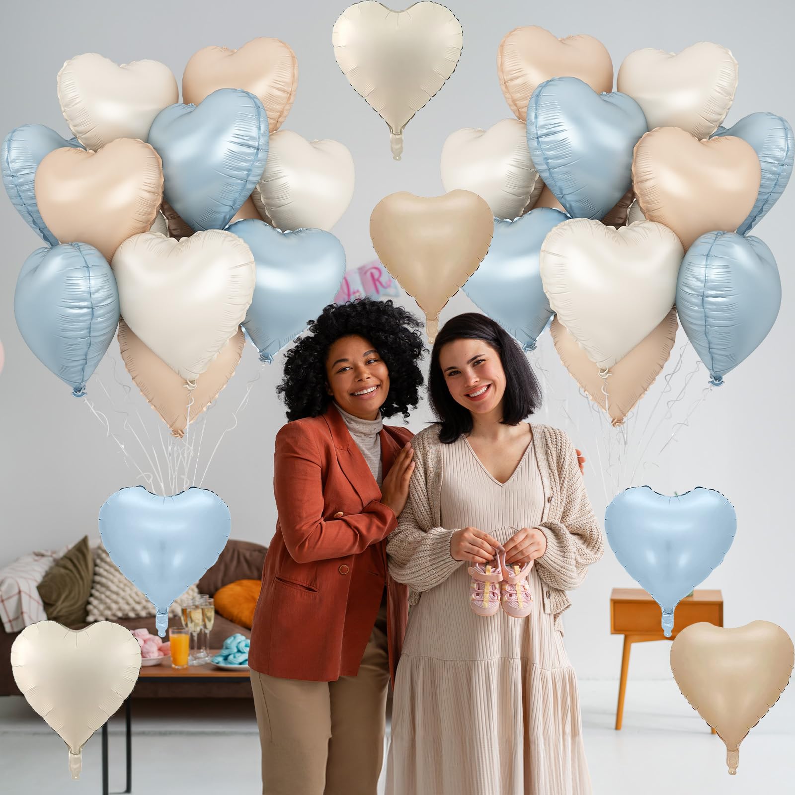 TAOYE Blue Cream Heart Foil Balloons – 12Pcs 18in Hearts in Blue, Cream, Apricot & White for Boho Birthdays, Baby Showers & Weddings