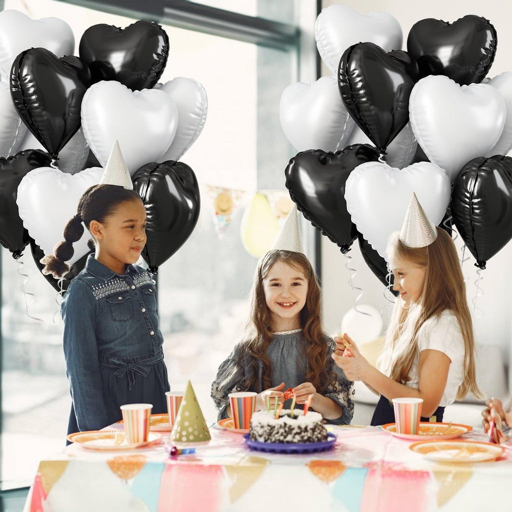 TAOYE Black White Heart Balloons – 18-Inch Matte Foil Heart Set for Party Decor