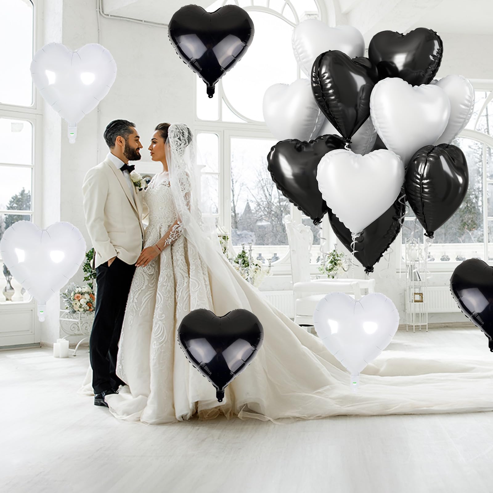 TAOYE Black White Heart Balloons – 18-Inch Matte Foil Heart Set for Party Decor