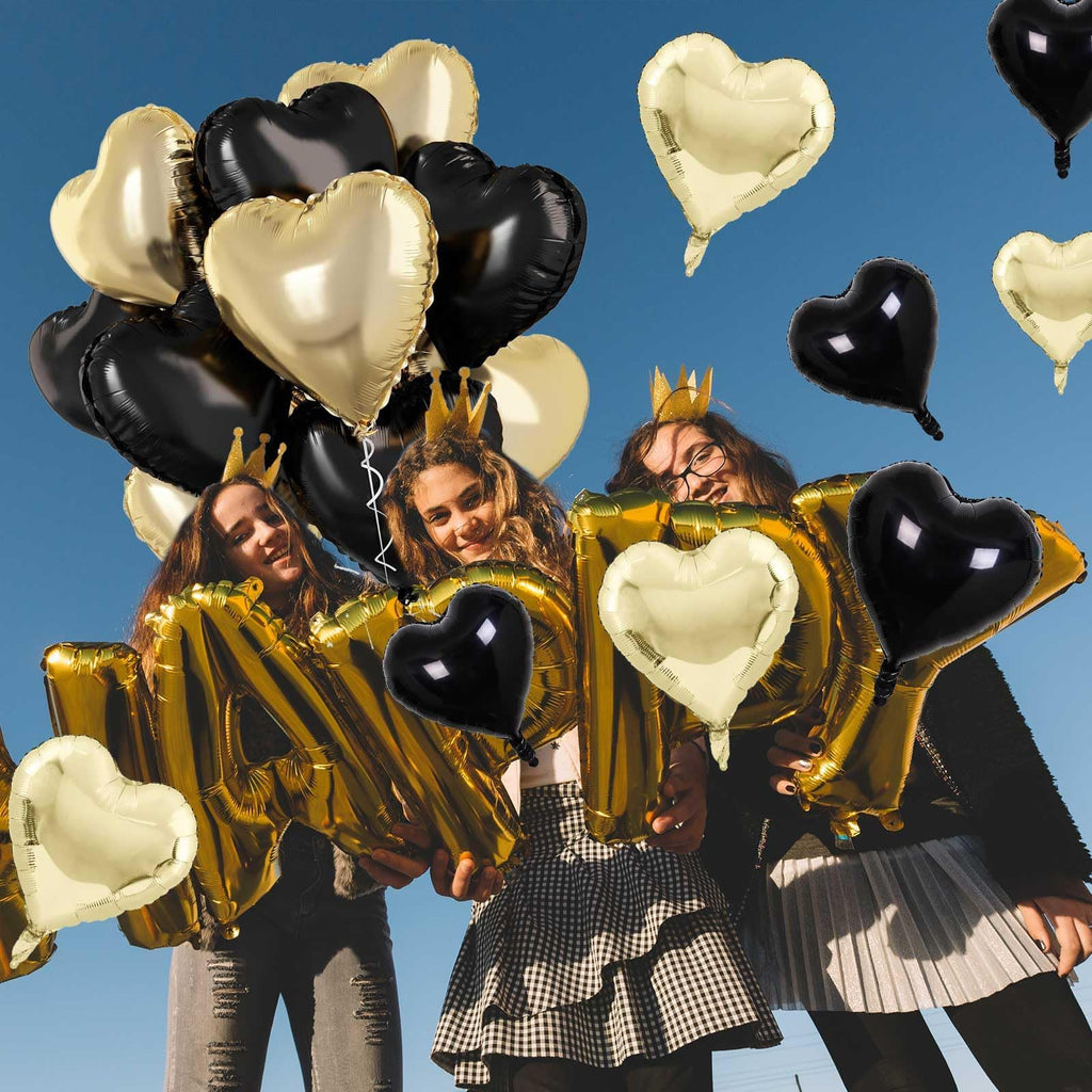 TAOYE Black Gold Foil Heart Balloons – 18 Inch, 10 Pcs (Light Gold & Black Hearts)
