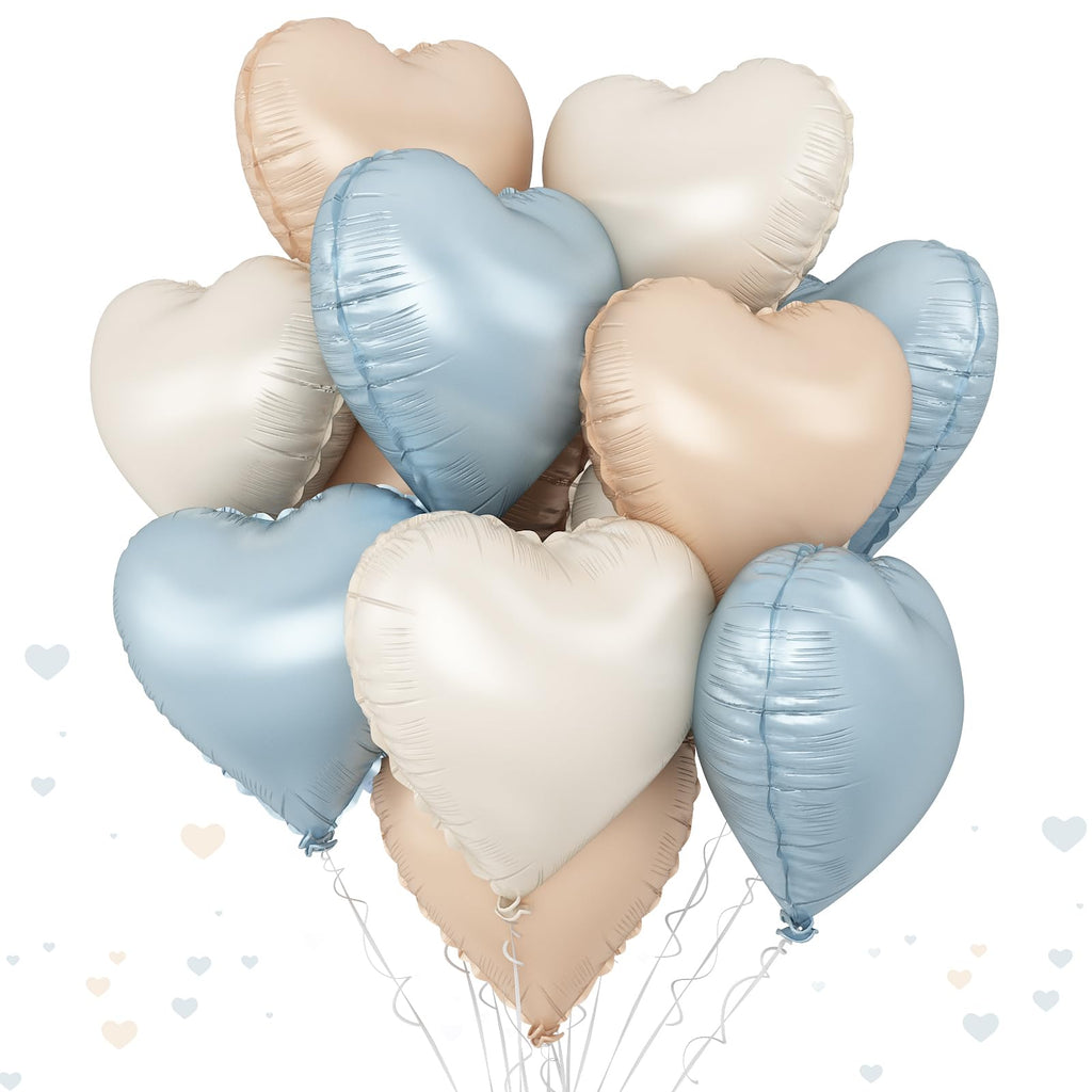TAOYE Blue Cream Heart Foil Balloons – 12Pcs 18in Hearts in Blue, Cream, Apricot & White for Boho Birthdays, Baby Showers & Weddings
