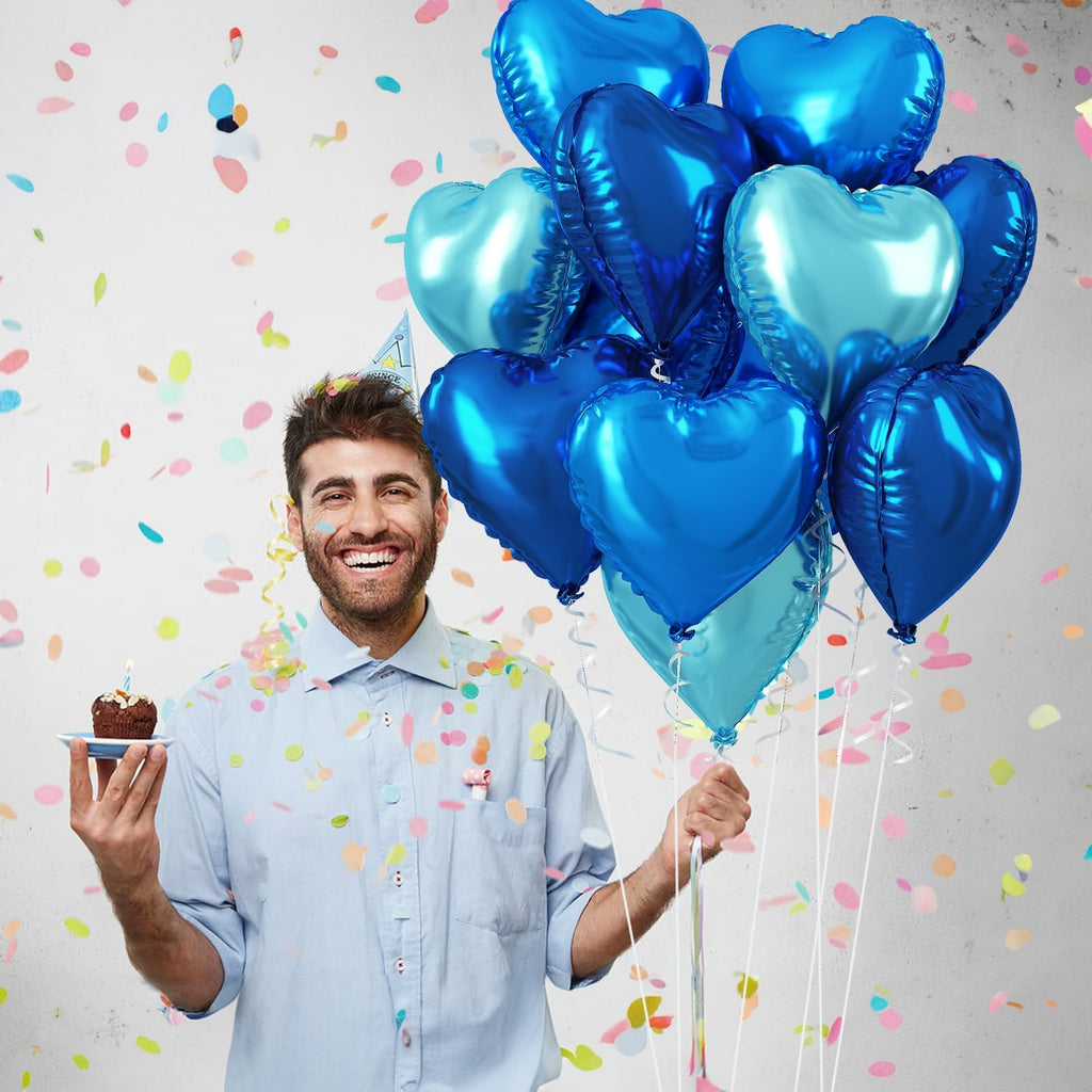 TAOYE Blue Heart Foil Balloons – 18 Inch Mixed Blue Hearts for Celebrations