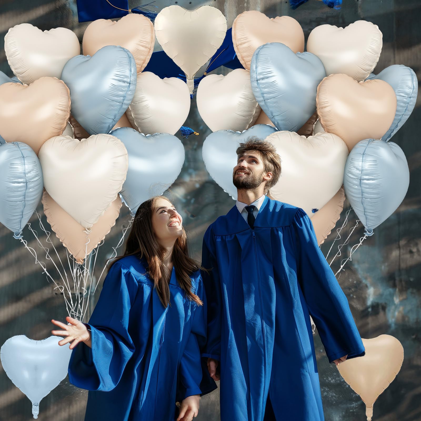 TAOYE Blue Cream Heart Foil Balloons – 12Pcs 18in Hearts in Blue, Cream, Apricot & White for Boho Birthdays, Baby Showers & Weddings