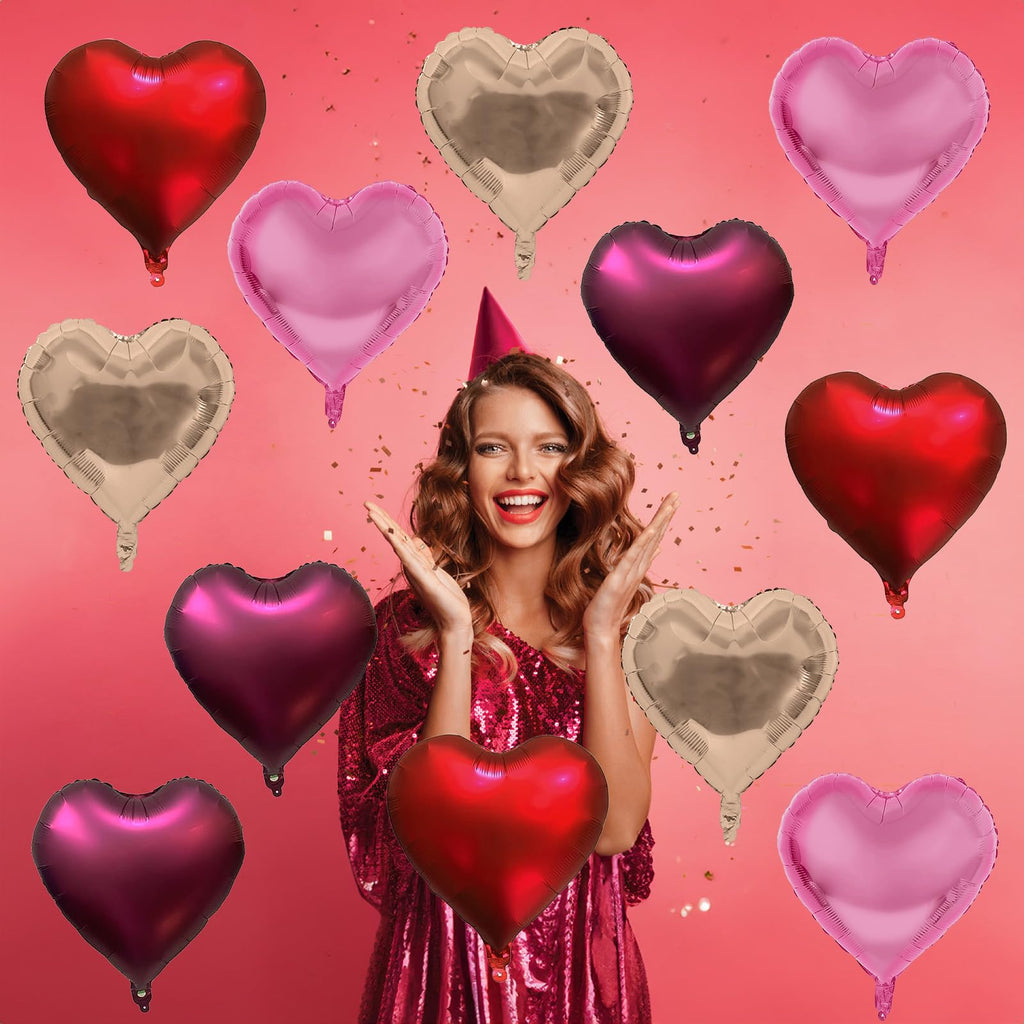 TAOYE Wine Red Heart Balloons – 18-Inch Foil Hearts, 12-Count Burgundy, Red, Pink & Rose Gold Party Decor