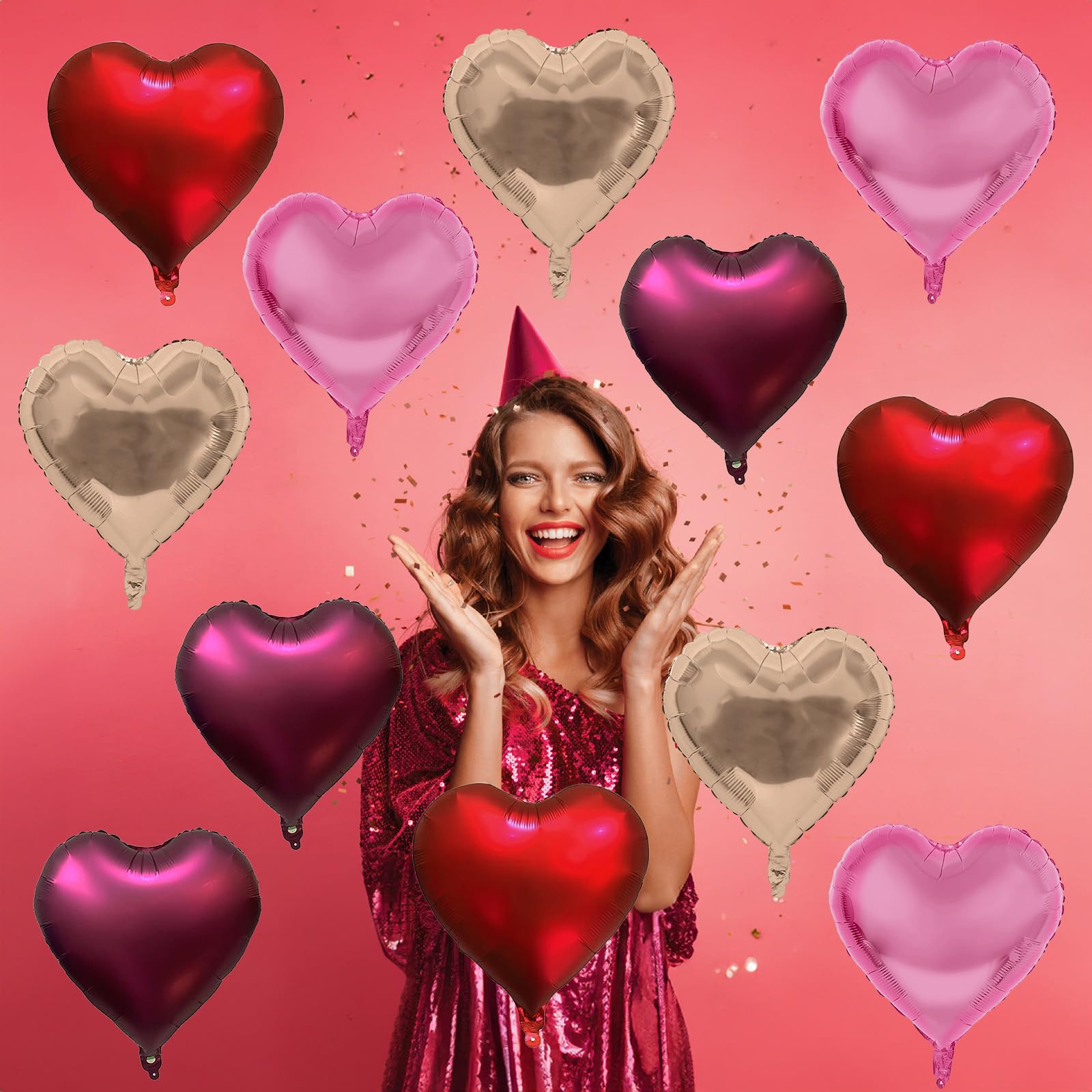 TAOYE Wine Red Heart Balloons – 18-Inch Foil Hearts, 12-Count Burgundy, Red, Pink & Rose Gold Party Decor