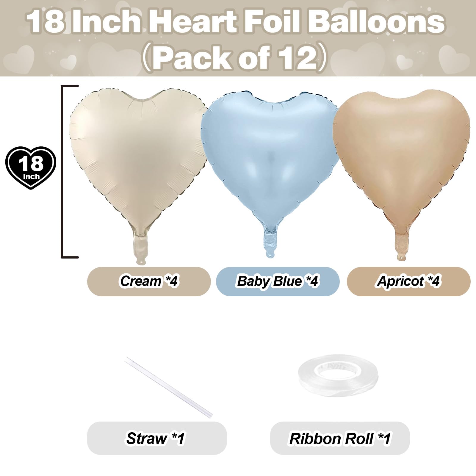 TAOYE Blue Cream Heart Foil Balloons – 12Pcs 18in Hearts in Blue, Cream, Apricot & White for Boho Birthdays, Baby Showers & Weddings