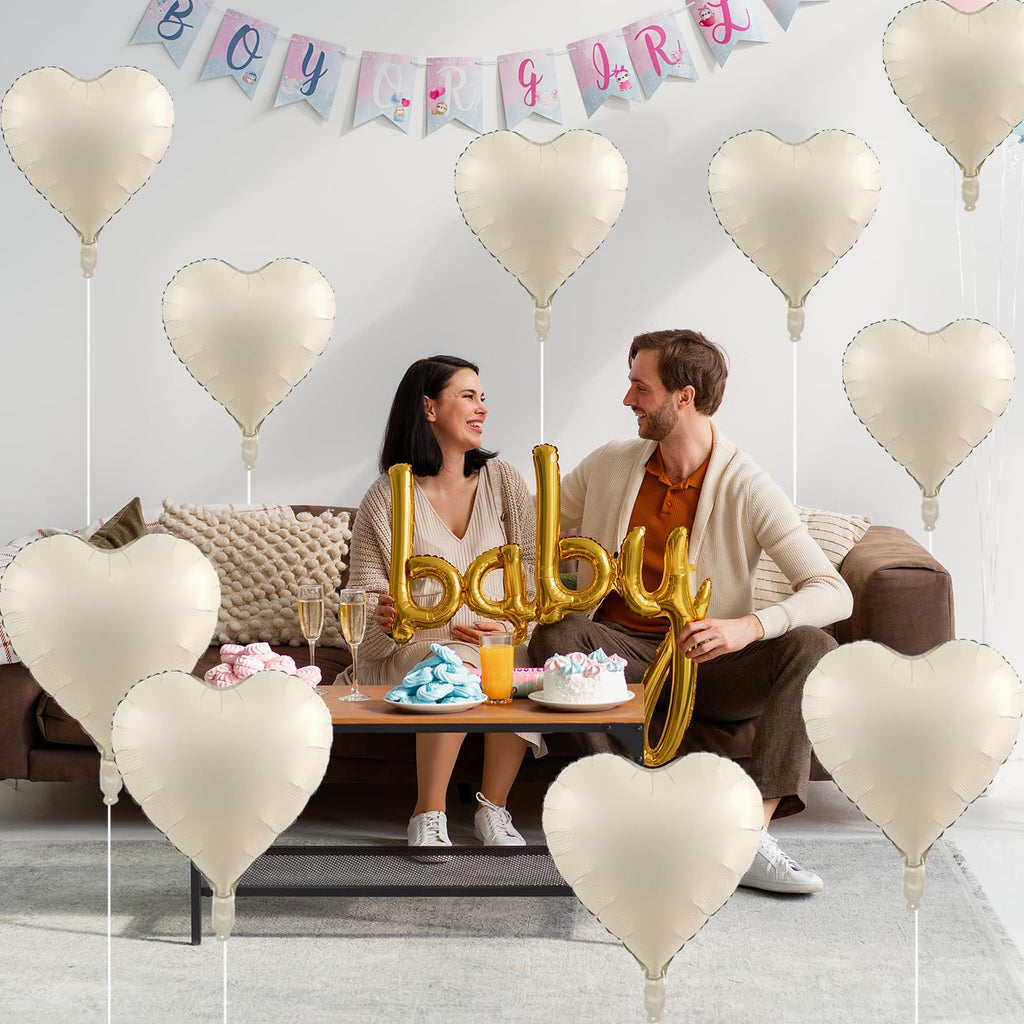 TAOYE Cream Heart Balloons – 18in Beige Heart Foil Balloons, 12 Pack for Boho Weddings & Celebrations