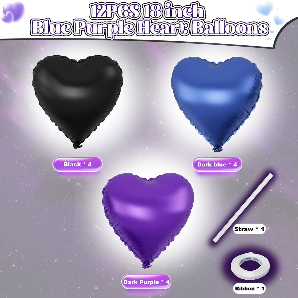 TAOYE 12-Pack 18-Inch Blue Purple Black Heart Foil Balloons - Party Decorations