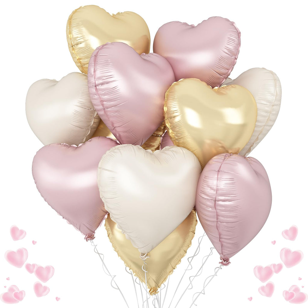 TAOYE Dusty Pink Cream Heart Balloons – 12pc 18in Foil Heart Balloon Set