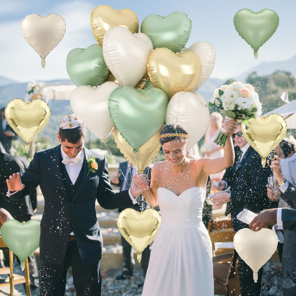 TAOYE Sage Green Gold Heart Balloons - 12 Pack, 18in Heart Foil Decor