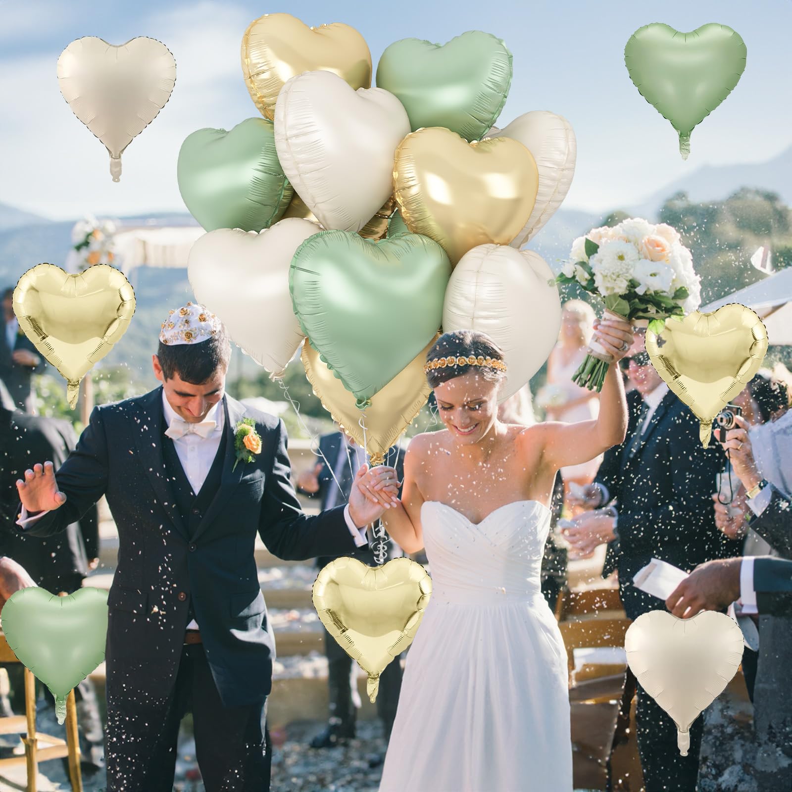 TAOYE Sage Green Gold Heart Balloons - 12 Pack, 18in Heart Foil Decor