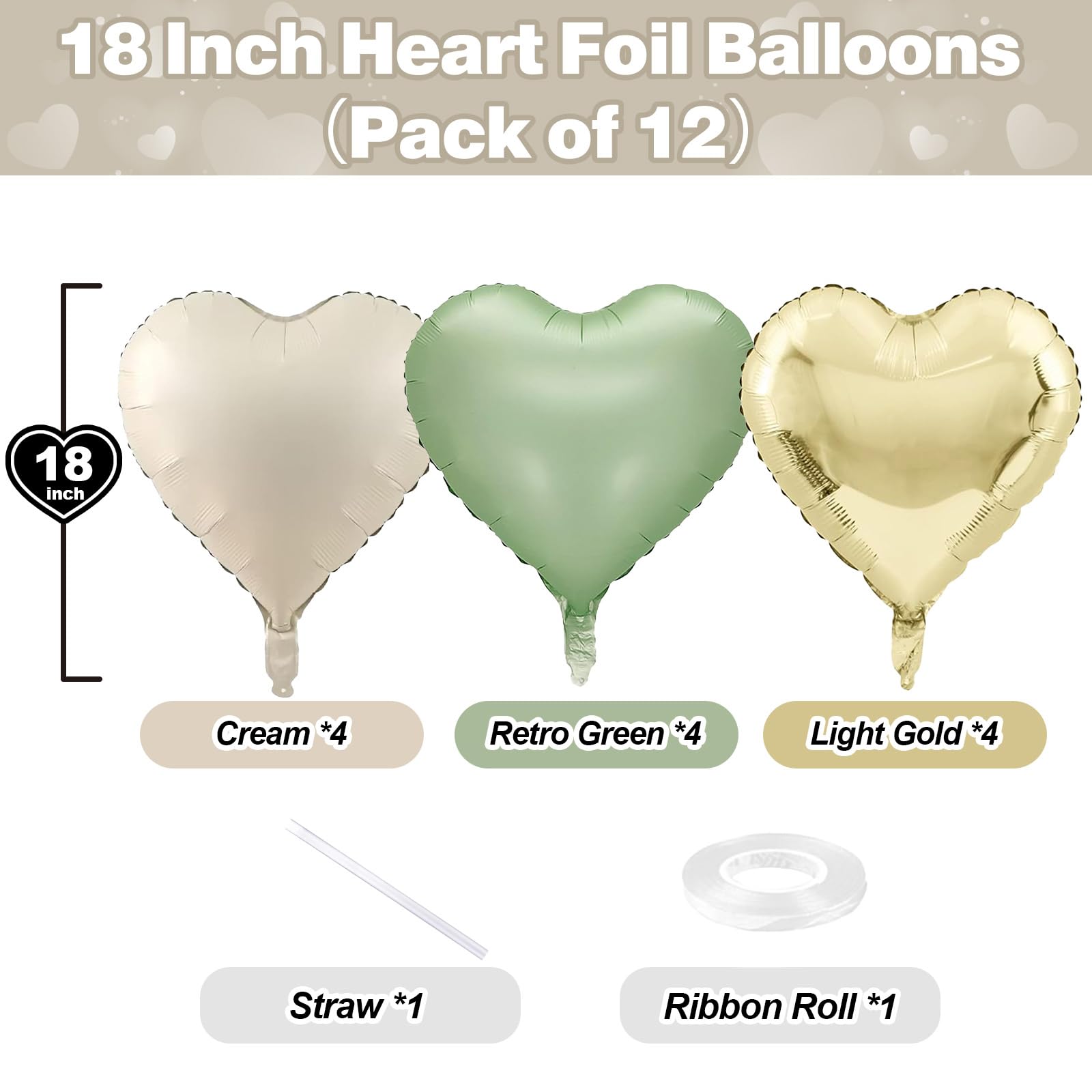 TAOYE Sage Green Gold Heart Balloons - 12 Pack, 18in Heart Foil Decor