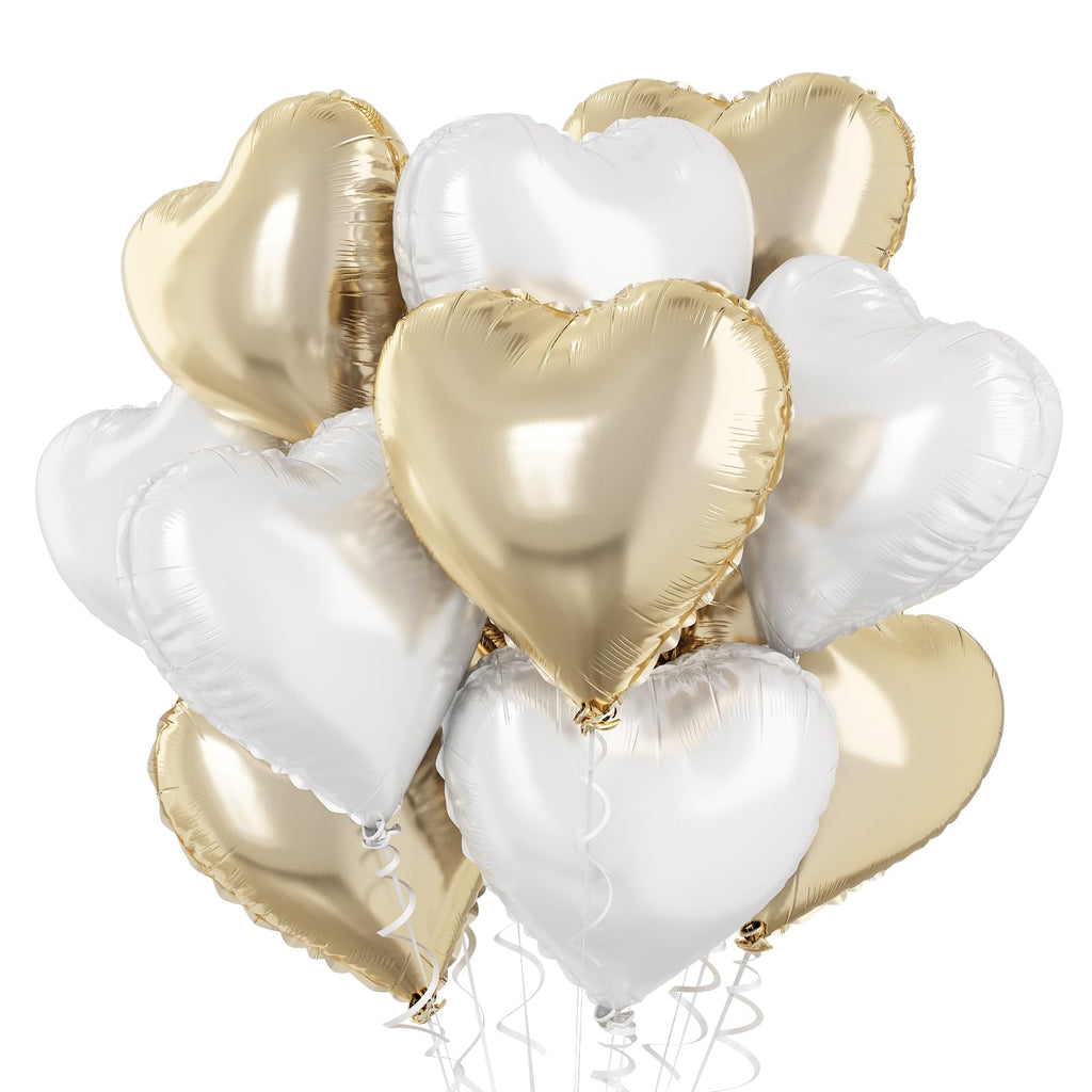 TAOYE Gold White Heart Foil Balloons – 18in, 10pcs for Parties