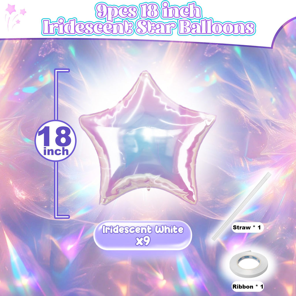TAOYE Iridescent Star Balloons 18in – 9pc Gradient Crystal Foil Stars for Party Decor
